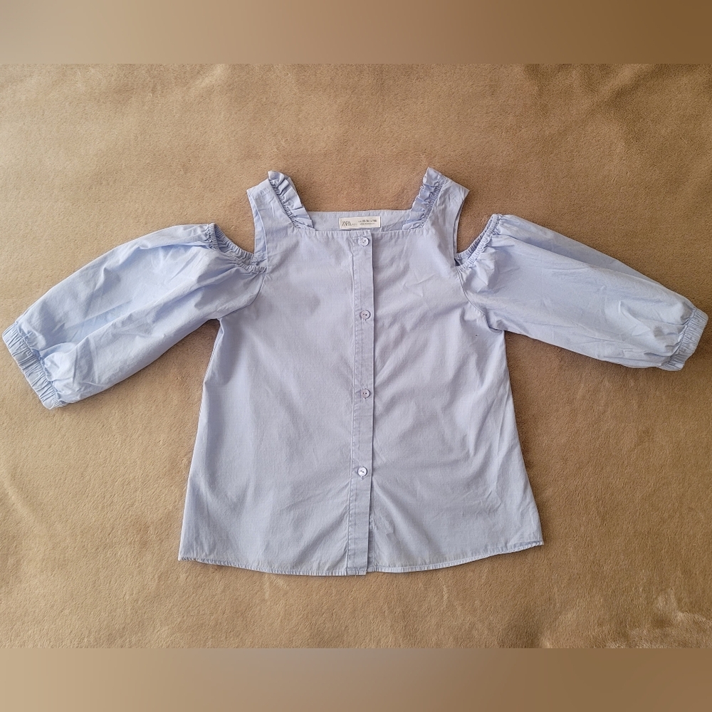Zara Girl Light Blue Cold Shoulder Poplin 3/4 Sleeve Top Size 13-14